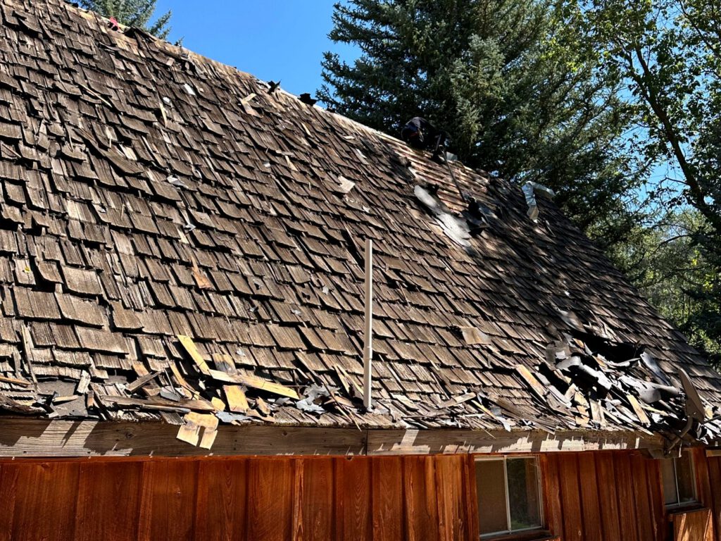 Before: a failed cedar shake roof on a wood-sided cabin
