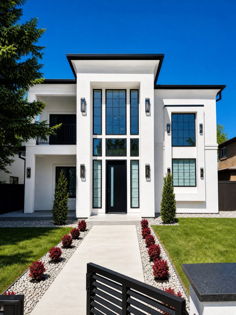 Modern white-stucco home, black trim and gutters
