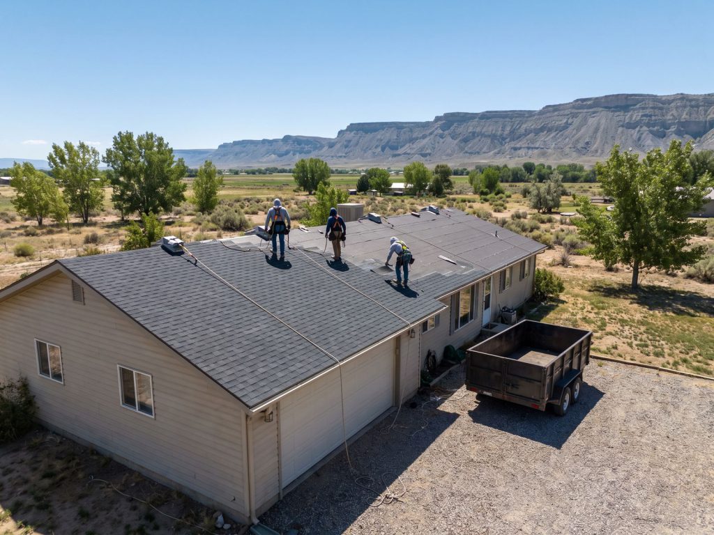 Roofing crew replacing a ranch home's shingles in the Grand Valley