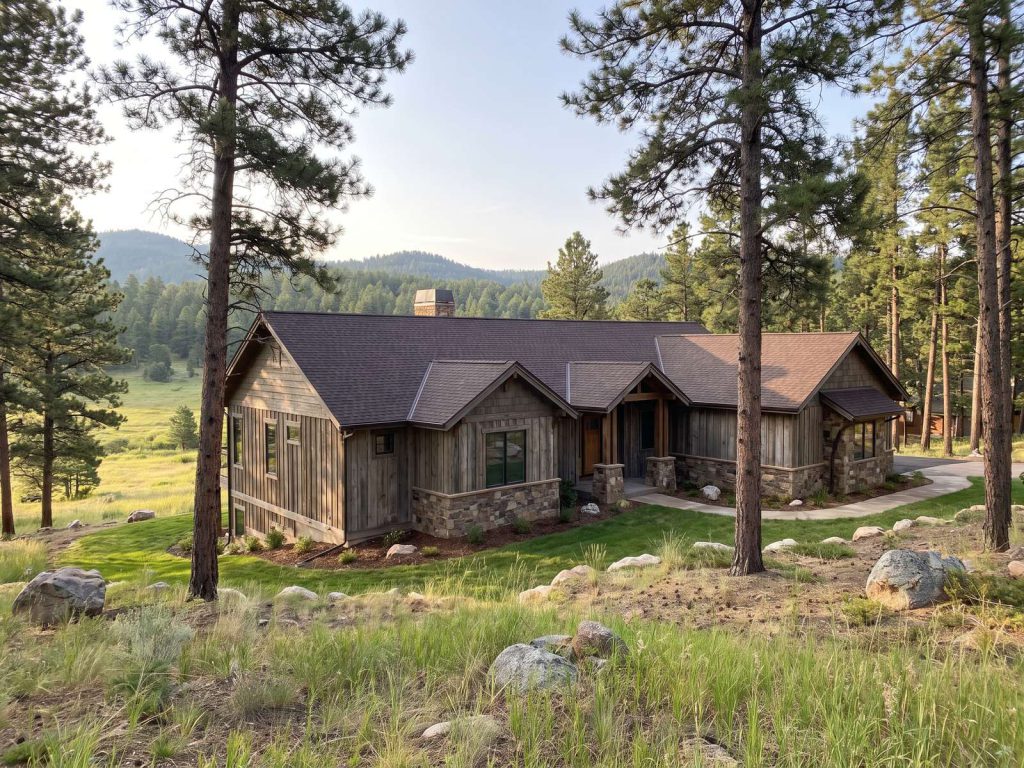 Foothills home among ponderosa pines with a new dark shingle roof