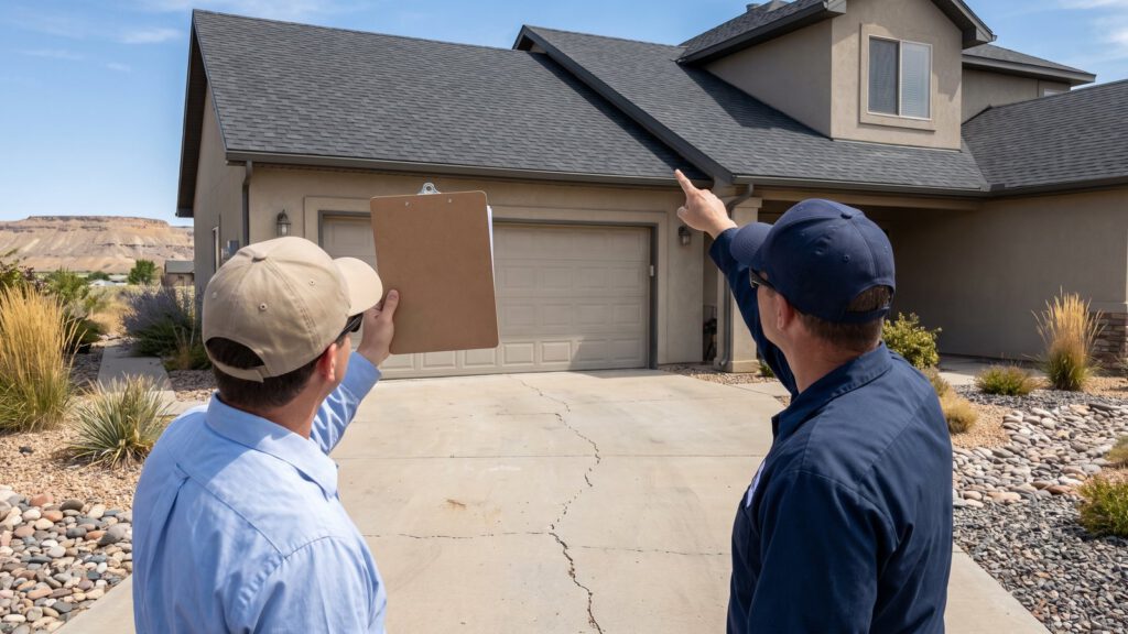 An adjuster with a clipboard and a contractor reviewing roof damage from the driveway