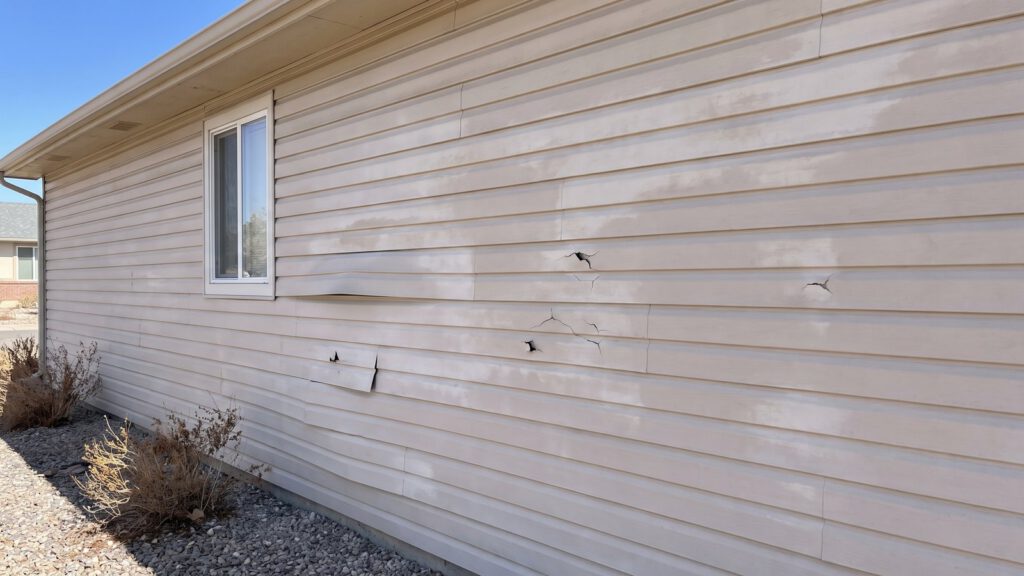 Sun-faded vinyl siding with hail cracks and a buckled board on an older ranch home