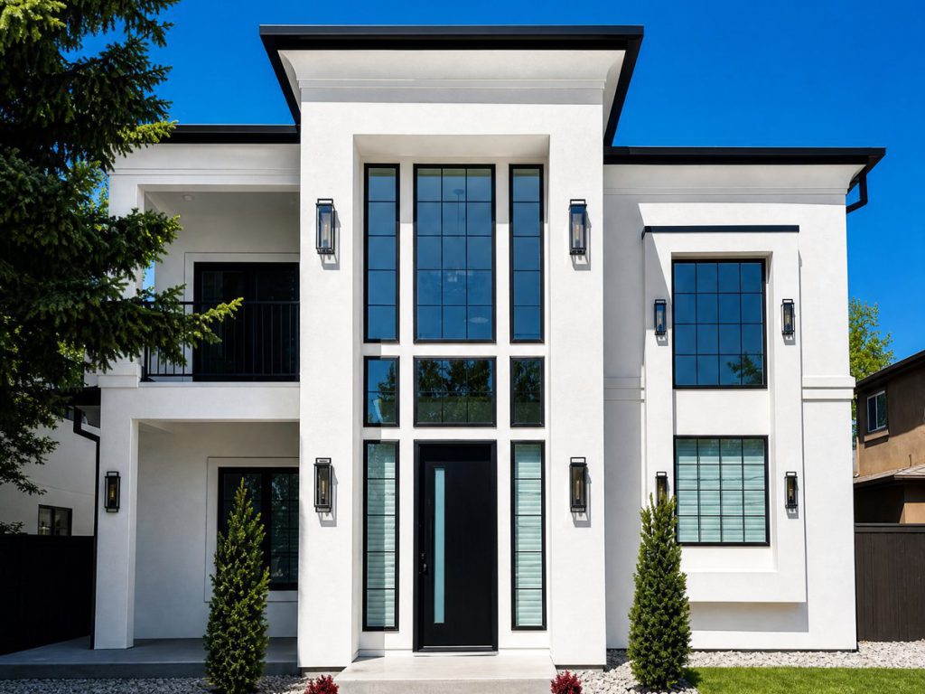 Modern white-stucco home, black trim and gutters