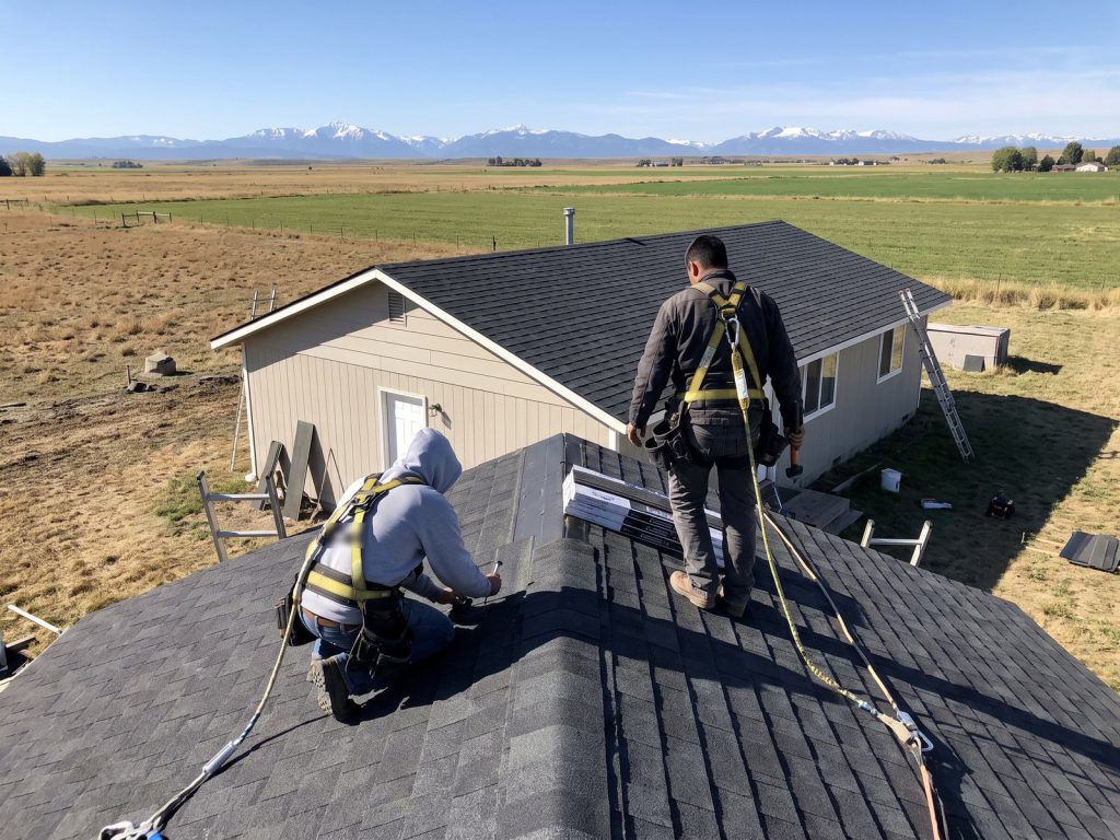 Roofers installing shingles with open country and snowy peaks behind