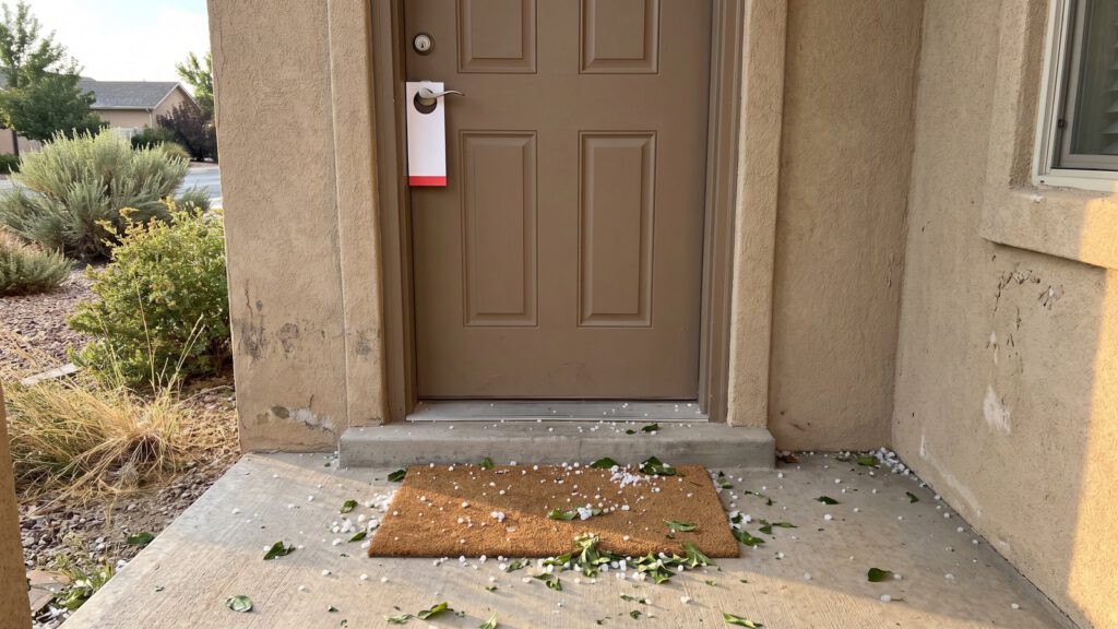 A blank door hanger on the front door of a stucco home after a hailstorm
