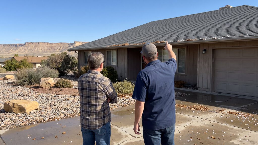 A roofer pointing out storm damage on a ranch home's roof to the homeowner from the driveway