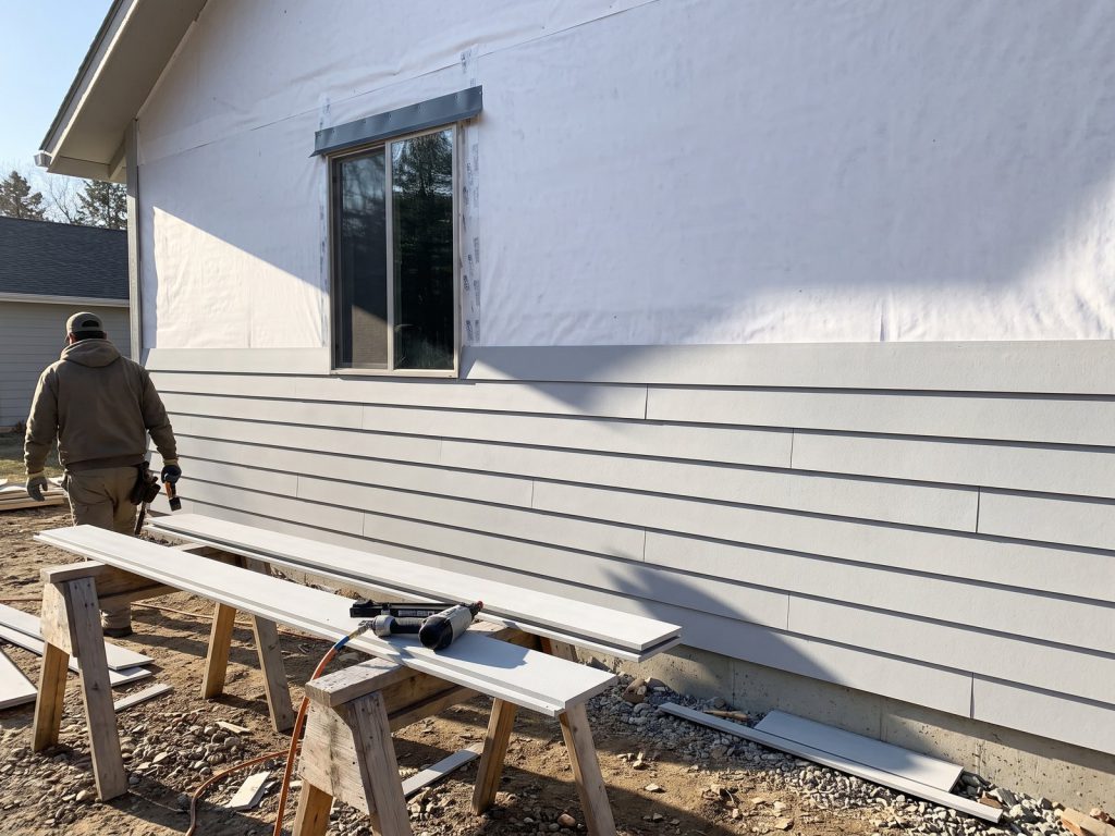 House wall mid-install with new lap siding over plain house wrap and flashed window