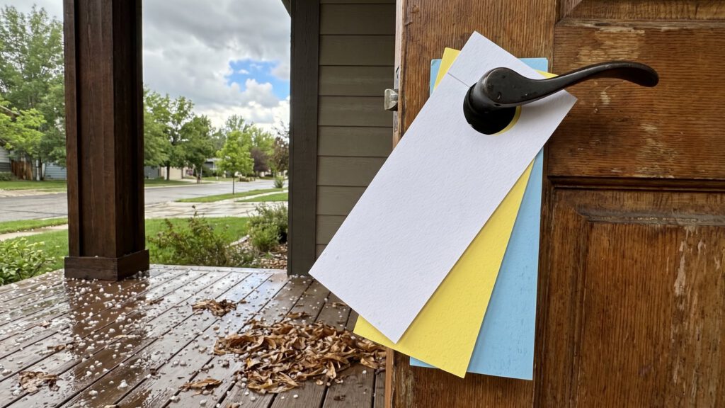 Three blank door hangers stacked on one front door handle after a storm