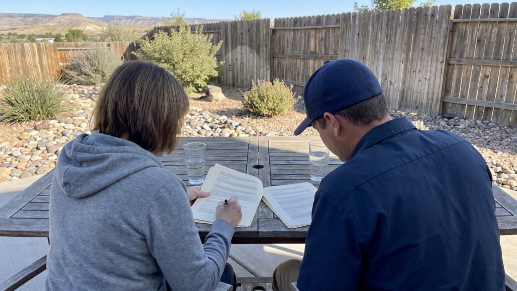 A homeowner reading a roofing contract with a contractor at a patio table before signing