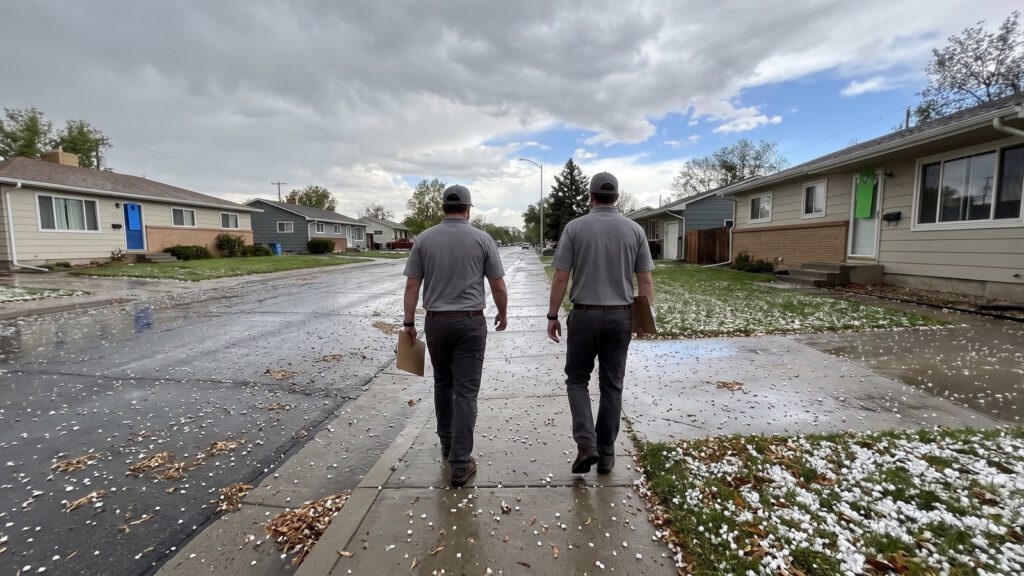 Two door-to-door salesmen with clipboards walking a neighborhood after a hailstorm